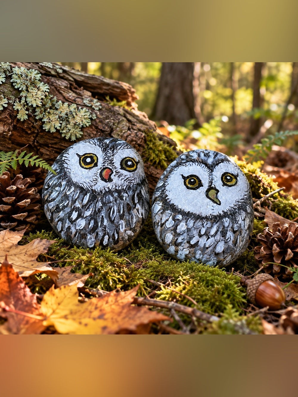 Hand crafted painted OWL rocks yellow black gray white set of 2 stones 2x2 inch